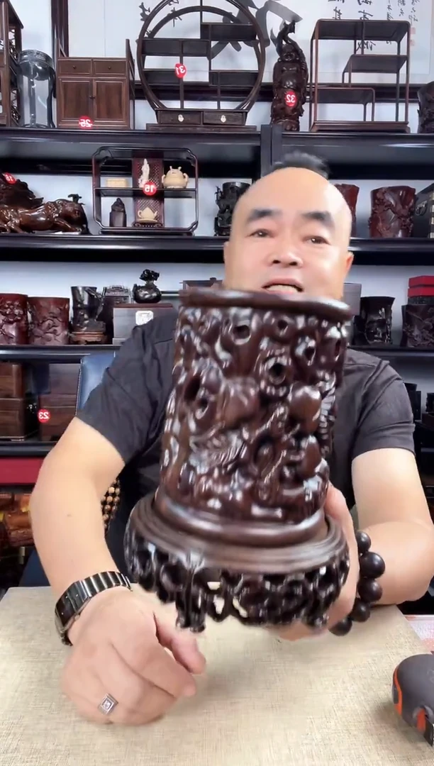 木新款3+寿桃笔筒老李红木工艺品