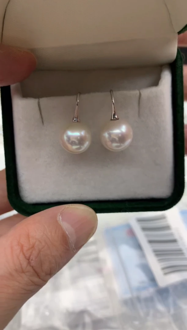 银S925镶嵌ff淡水珍珠白珠耳饰10~11mm