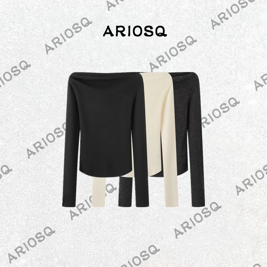 【艾家】斜肩领长袖T恤时尚轻奢打底衫套头百搭显瘦半高领=AR804008