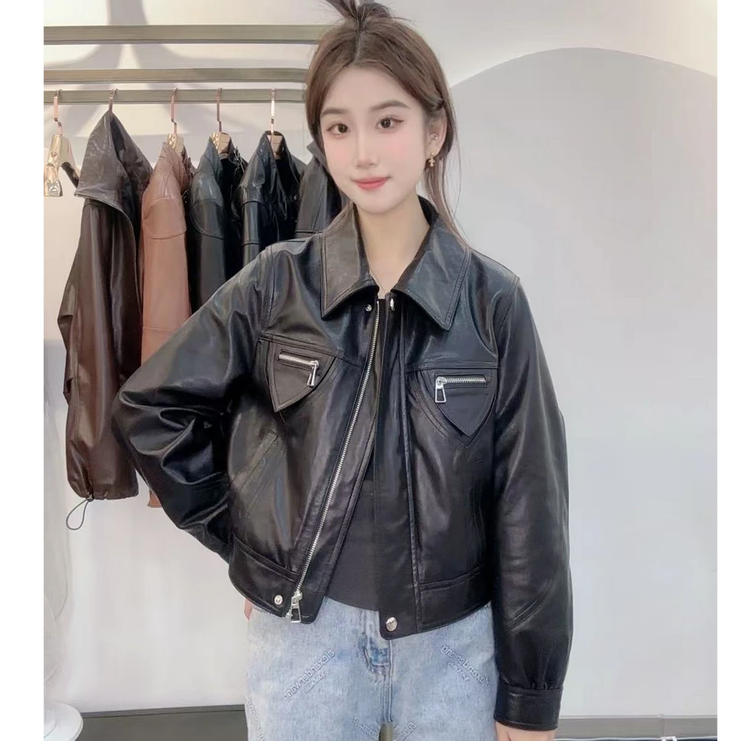 【YiYi】推荐‘前行来处‘女士真皮皮衣绵羊皮时尚百搭宽松翻领外套