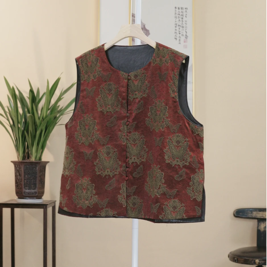 新中式新款宋锦拼接双面穿圆领马甲国风马夹设计师定制