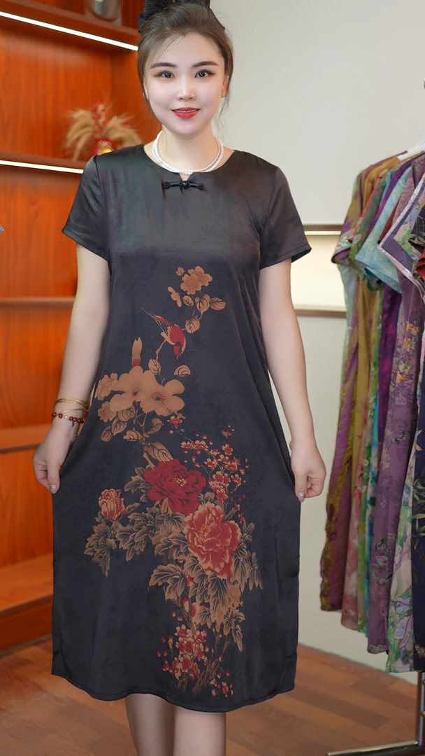 【鸟语花香】夏季新款妈妈装时尚减龄中长款显瘦遮肉连衣裙