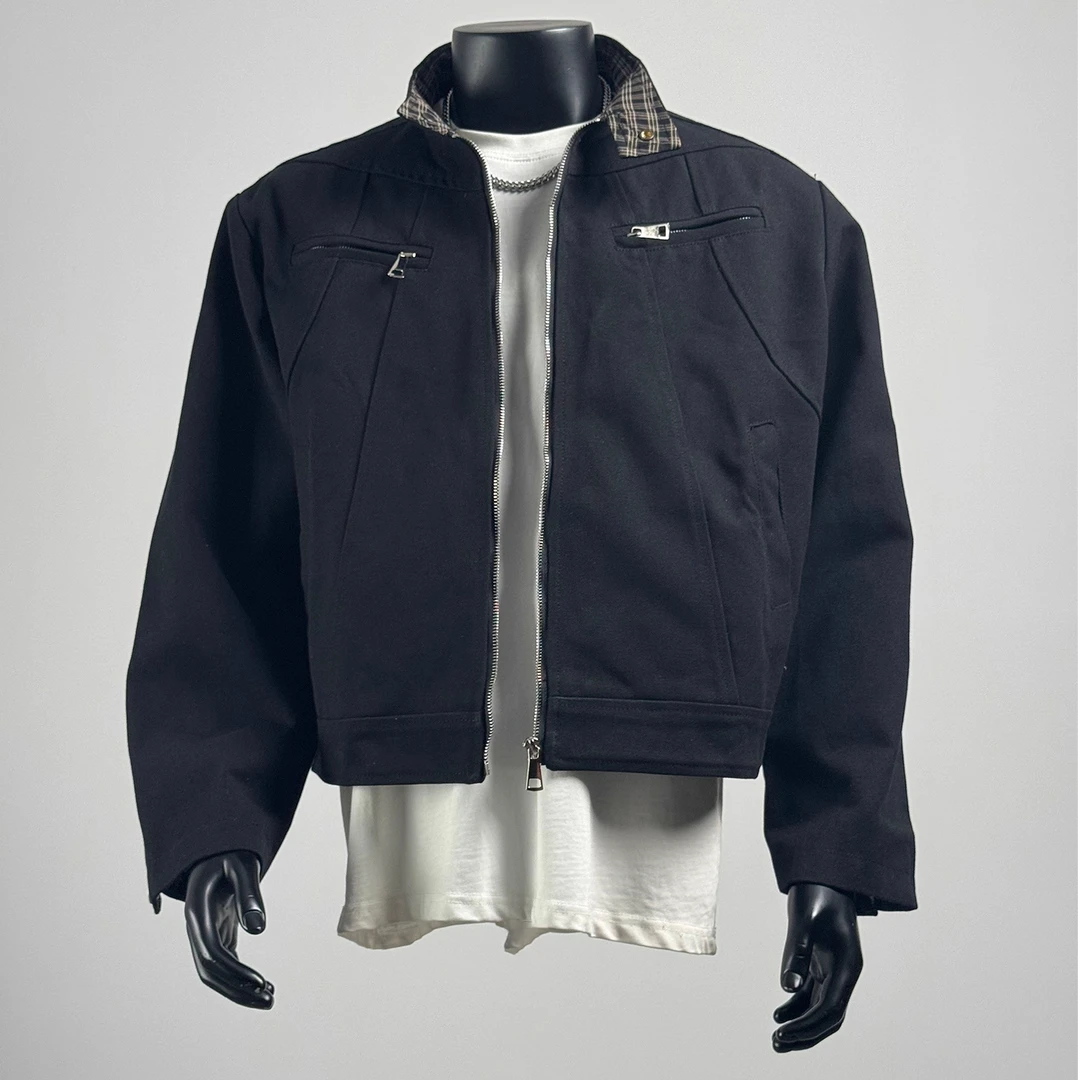 ohmmayby美式复古短款工装夹克男秋季撞色格子立领外套休闲上衣