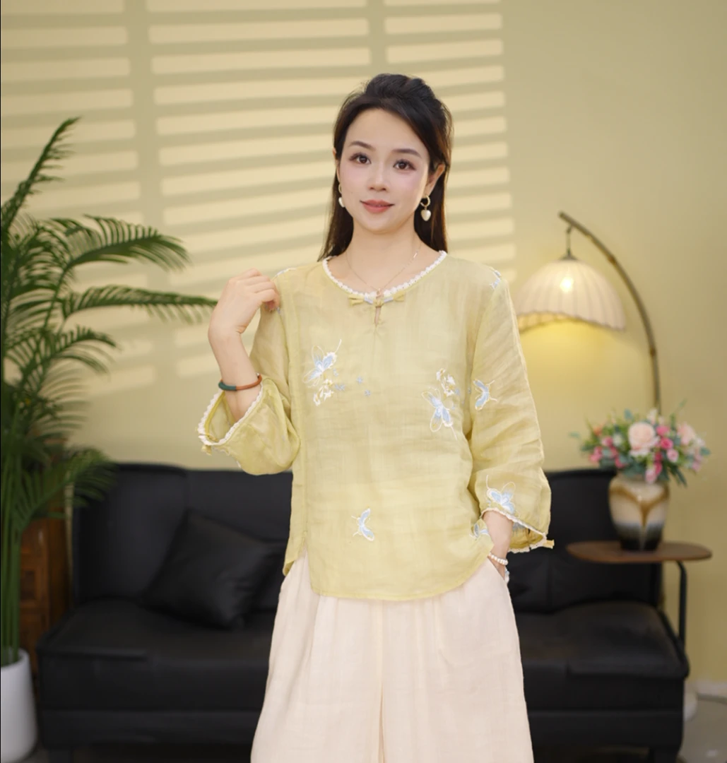 夏季新款刺绣苎麻小衫绣花衬衫女上衣提花时尚