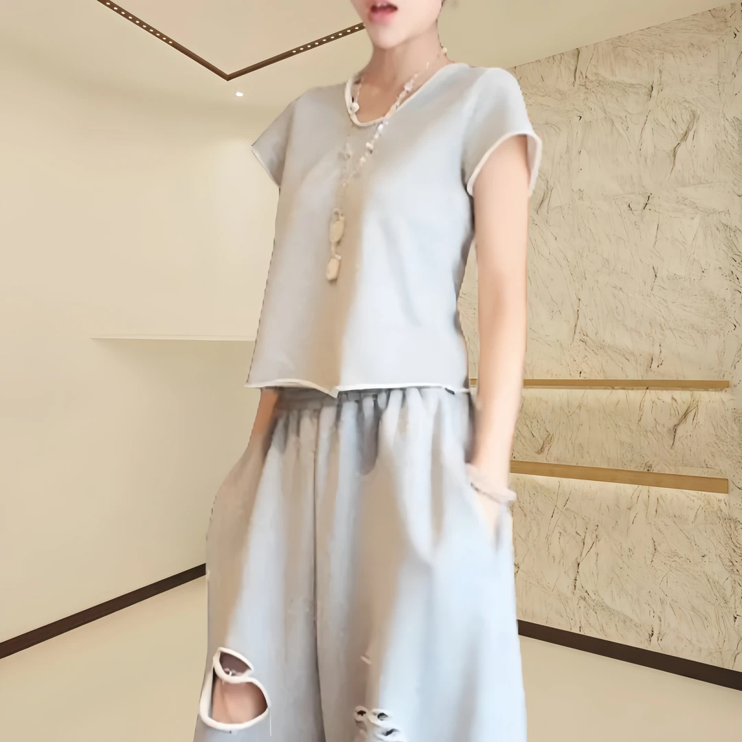 毛圈卷边U领宽松短袖T恤2025简约洋气设计感休闲半袖短款上衣T恤