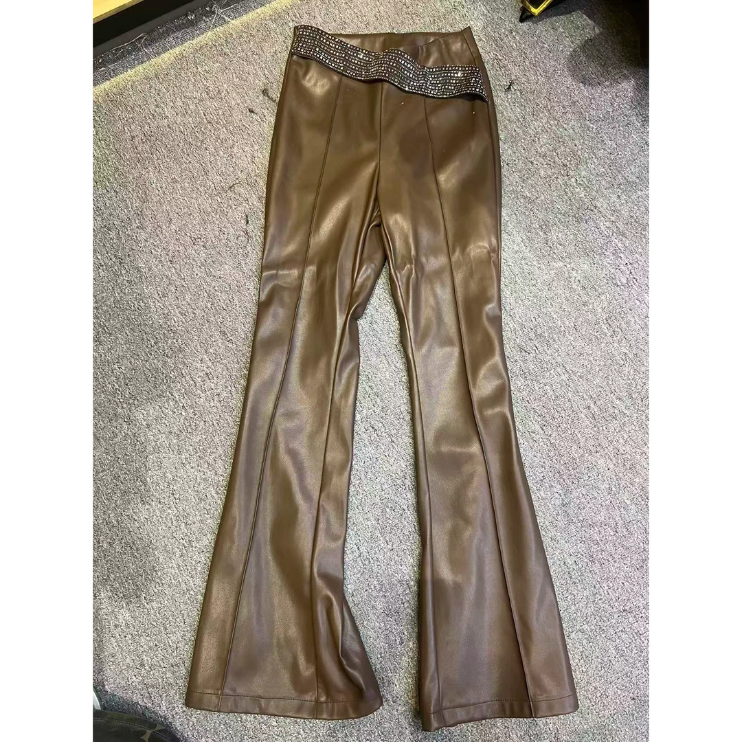 新wss女装-2025新款皮喇叭裤高腰设计感修身显瘦气质长裤