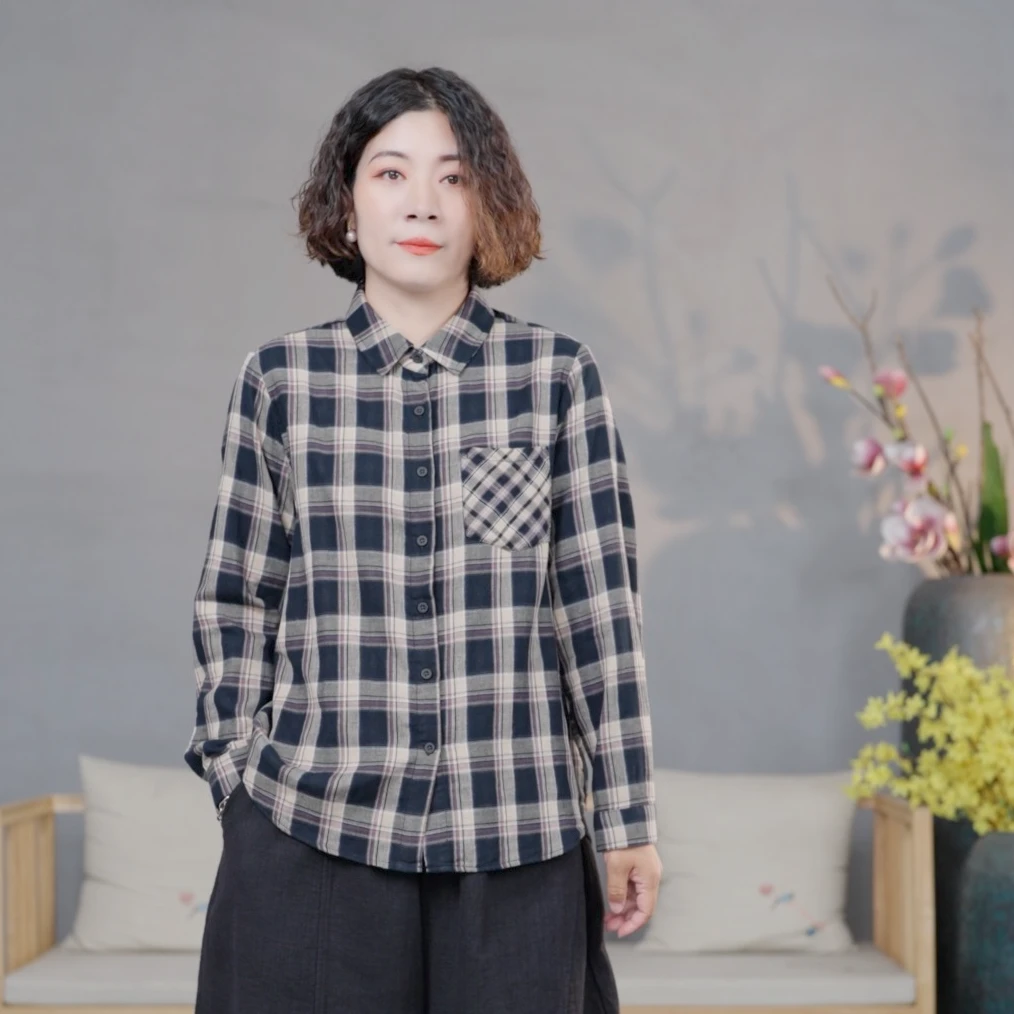 【悦兮】秋季新款文艺百搭休闲时尚格纹大气宽松洋气女衬衫25112