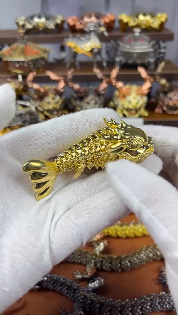 鱼化龙黄铜摆件可动小号