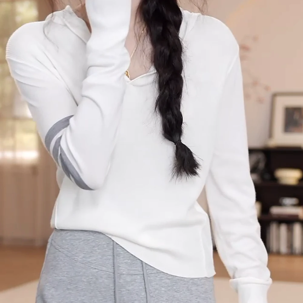 夏季新款四条纹帽衫长袖T恤白色显瘦休闲简约百搭宽松时尚