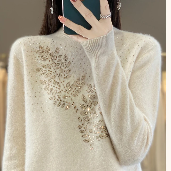 【专属】套头设计感 烫钻~拼接半高领加厚秋冬毛衣加厚