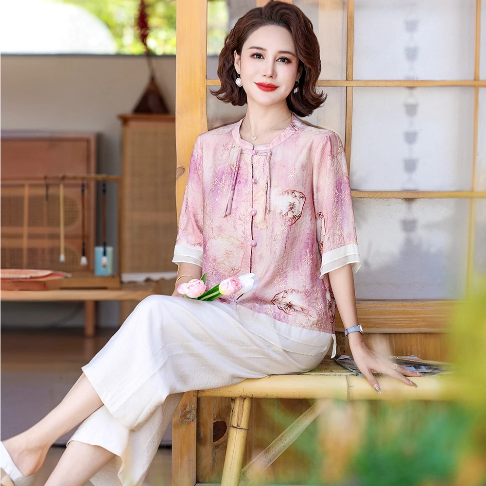 新中式中老年妈妈装时尚中袖T恤衫中国风中年女洋气小衫大码套装