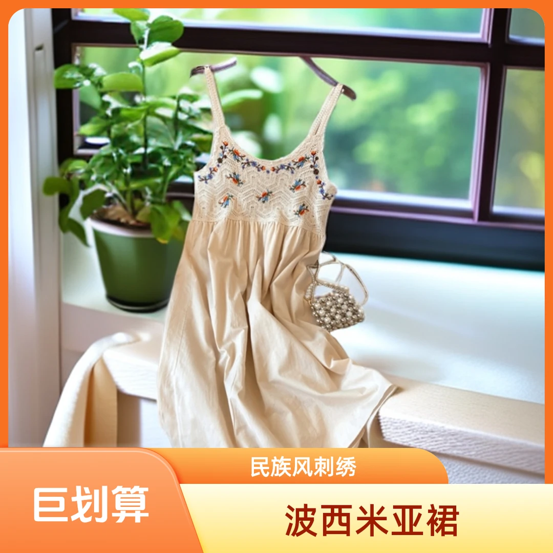 民族风吊带波西米亚风镂空连衣裙宽松中长裙港风古风刺绣长裙蕾丝