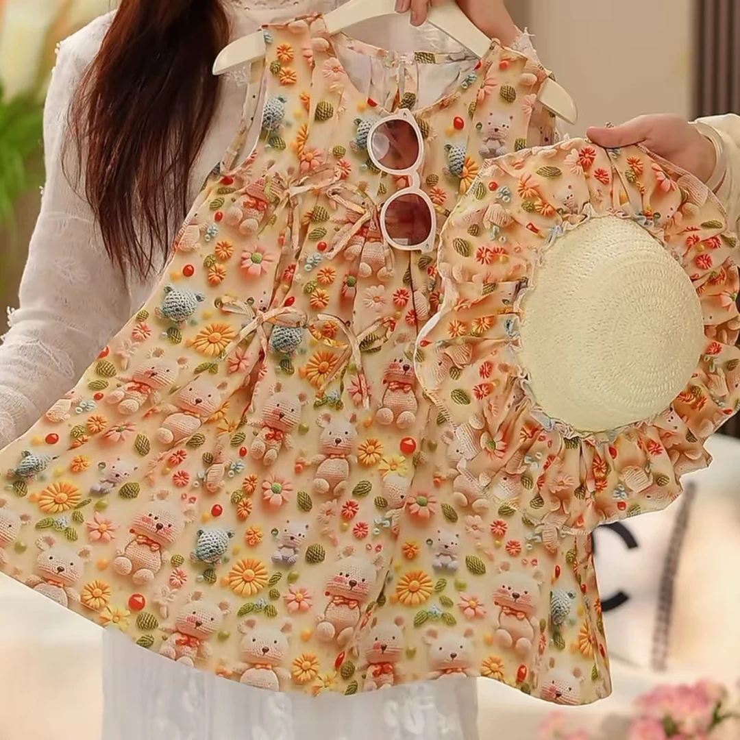 夏季新款0225洋气女童卡通森系时尚气质蝴蝶结公主裙无袖潮