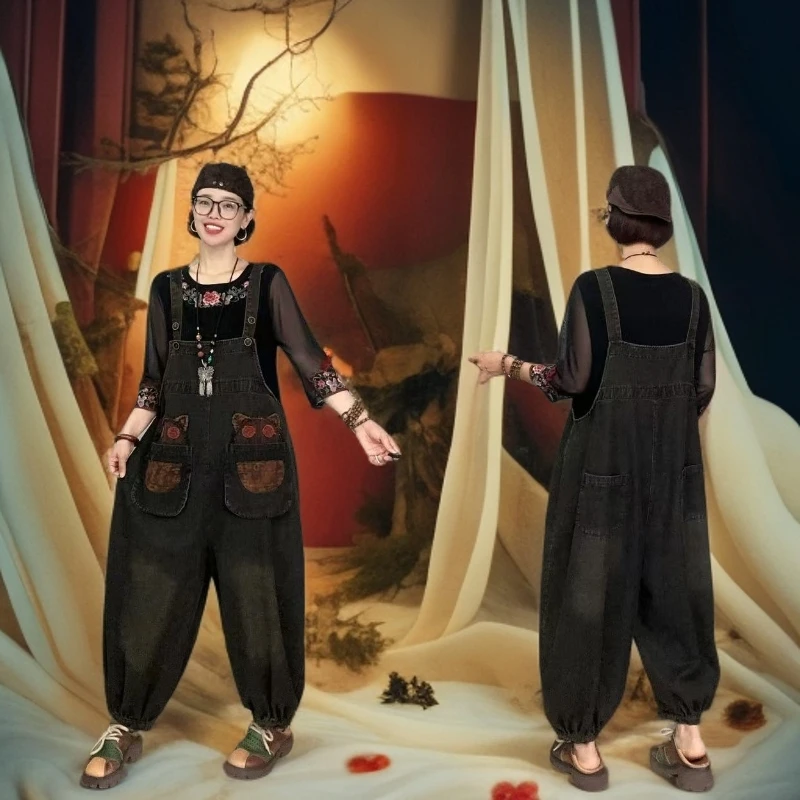 春秋百搭复古时尚刺绣牛仔背带裤休闲大码女装减龄宽松显瘦连体衣