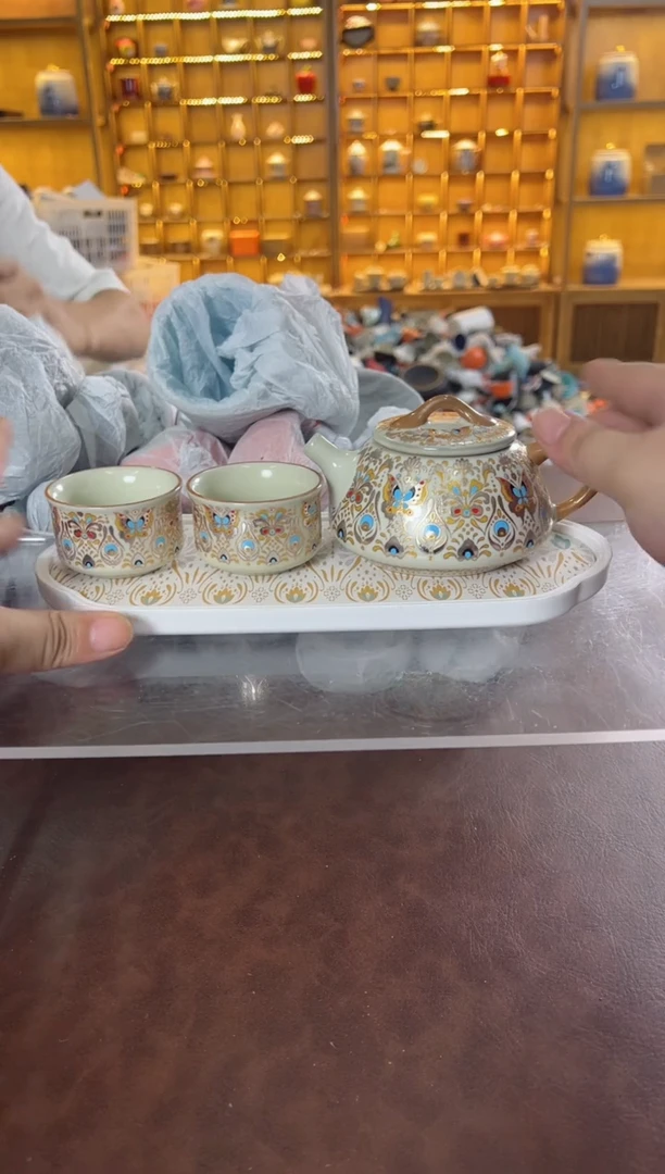瓷片鸣盏居11111111金银错石瓢壶套组+茶盘