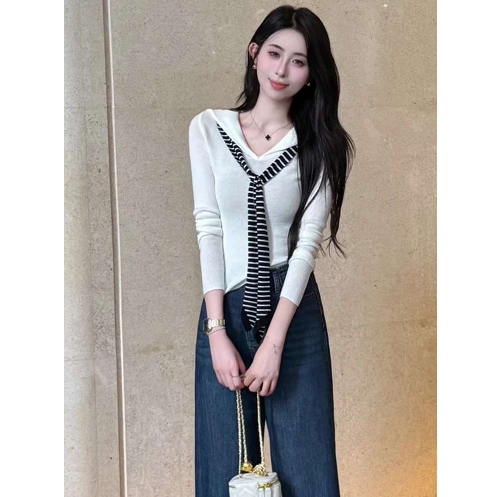 2025秋季新款时尚V领拼接洋气长袖针织衫女小众假两件设计感上衣