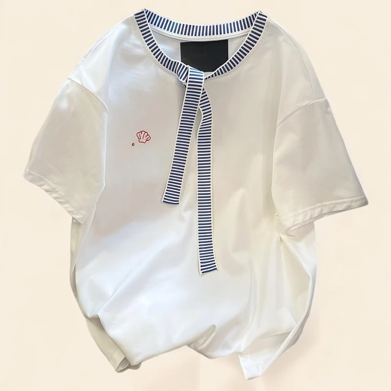 刺绣条纹短袖夏季日系学院风白色T恤女宽松气质洋气时尚短袖上衣