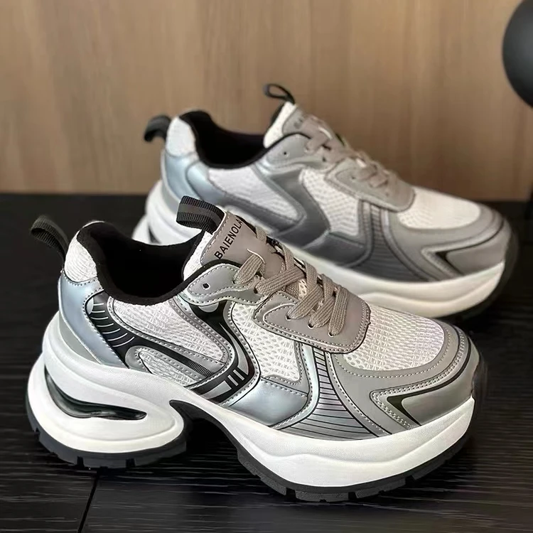 欧洲站ins银色时尚老爹鞋百搭休闲鞋系带轻便潮鞋 821-1