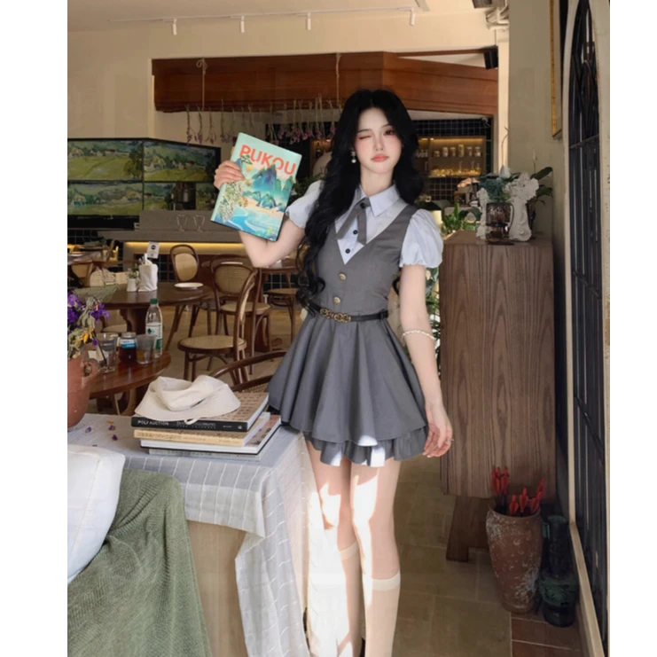 夏季学院风泡泡袖收腰显瘦假两件蓬蓬气质西装短连衣裙