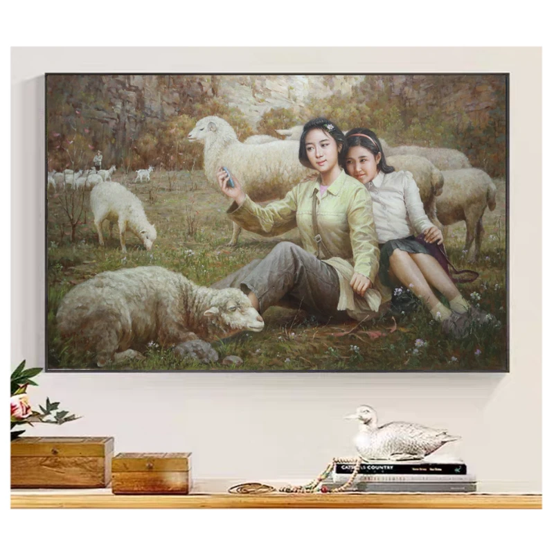 手绘油画原稿写实油画朝鲜李振赫《牧羊姑娘》