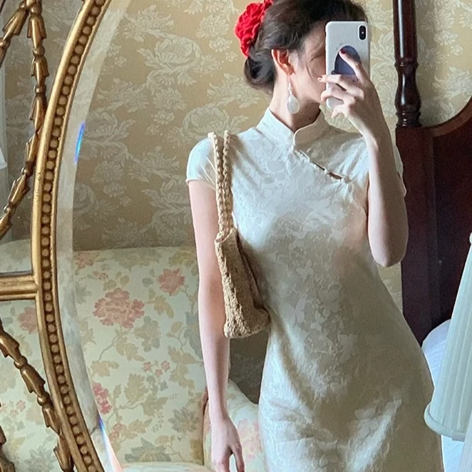 2025夏季新款短袖鱼尾旗袍气质显瘦复古提花新中式连衣裙女春秋