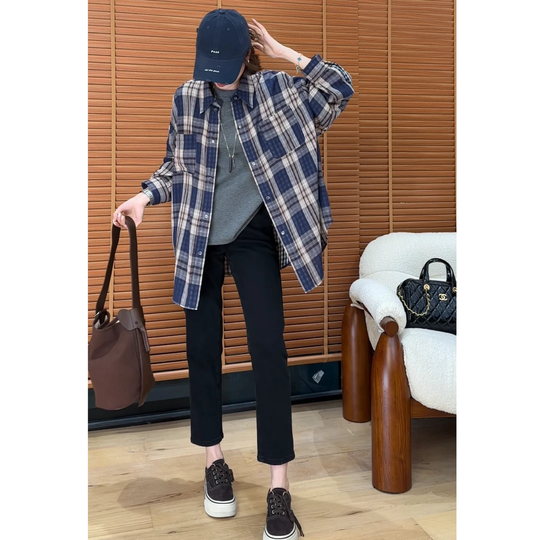 YYOUHAN 2025新款菲林都市极简拼色显瘦百搭格子衬衫 2508C4354