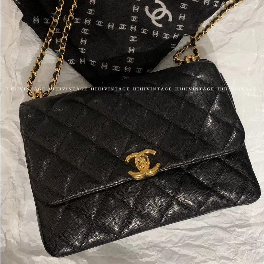 99新 Chanel/香奈儿 HIHI/黑金荔枝纹三折方胖子/4186985/二店