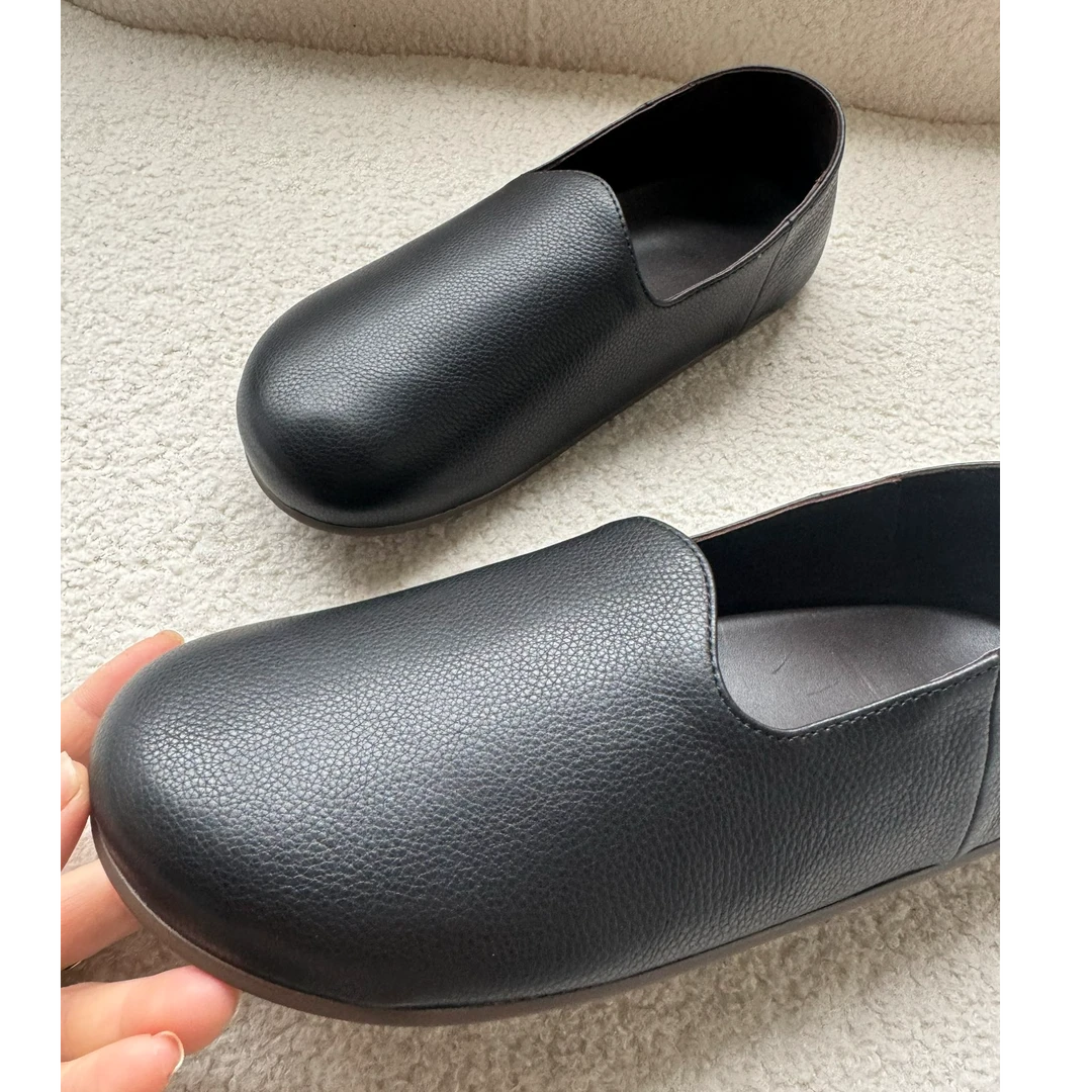 2025年新款复古舒适厚底一脚蹬大圆头老钱风乐福女鞋  鞋面羊皮