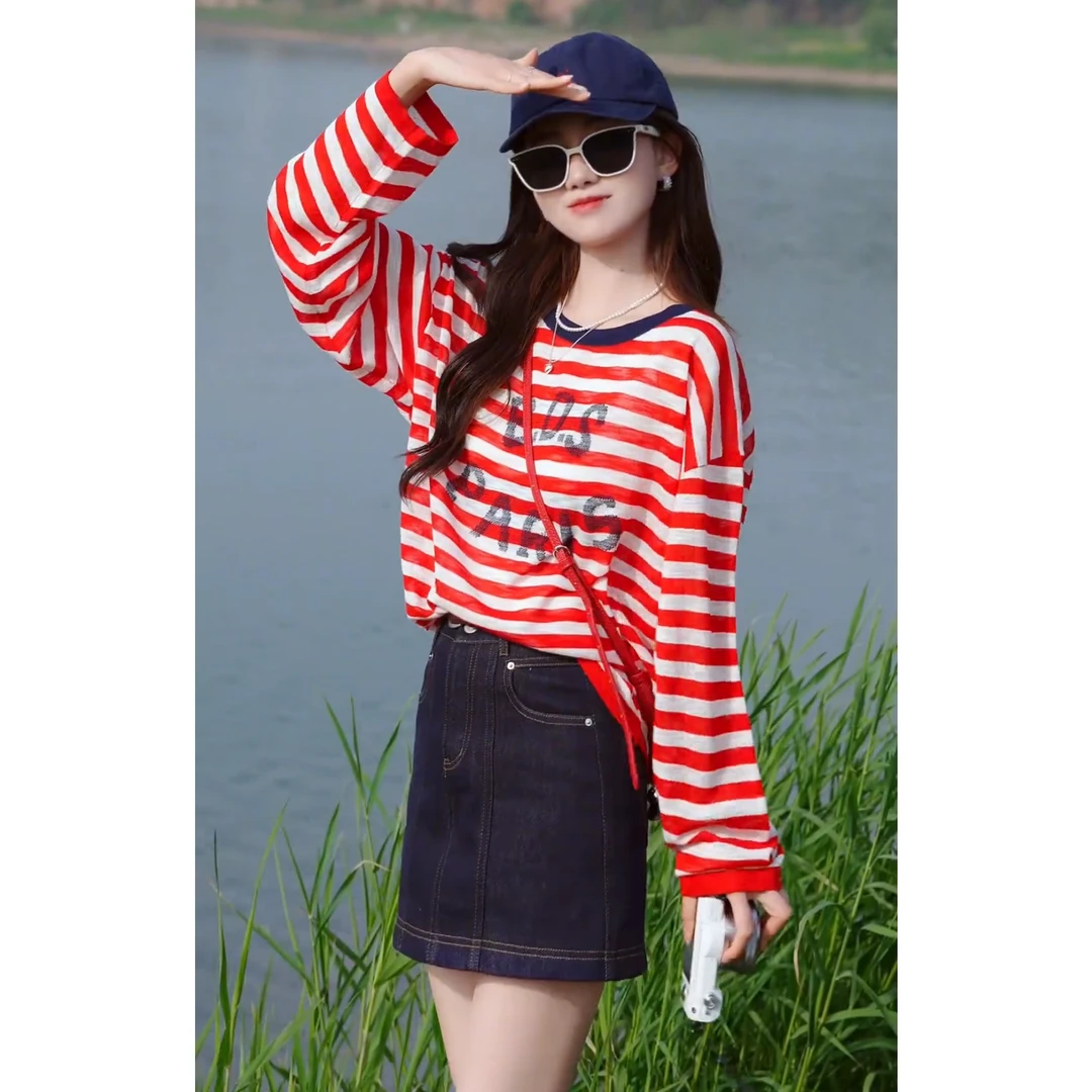夏装穿搭一整套女2025新款甜美薄款条纹长袖T恤上衣牛仔短裙套装