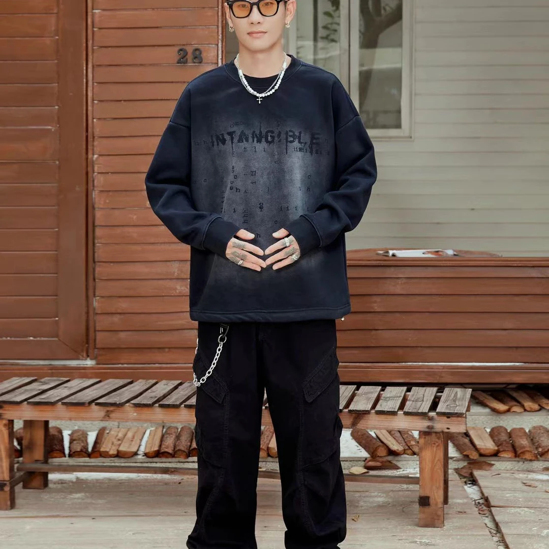 男秋冬季加绒加厚重磅圆领卫衣美式潮牌宽松外套