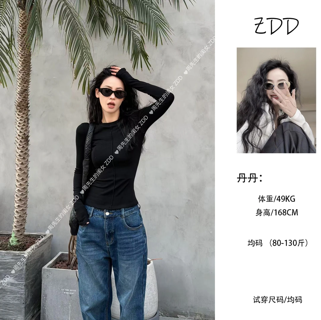 【ZDD】092 圆领鱼骨显瘦加绒上衣/