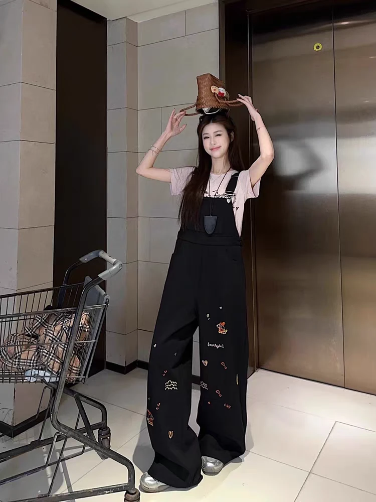 重工童趣刺绣背带裤休闲宽松百搭阔腿裤粉色上衣