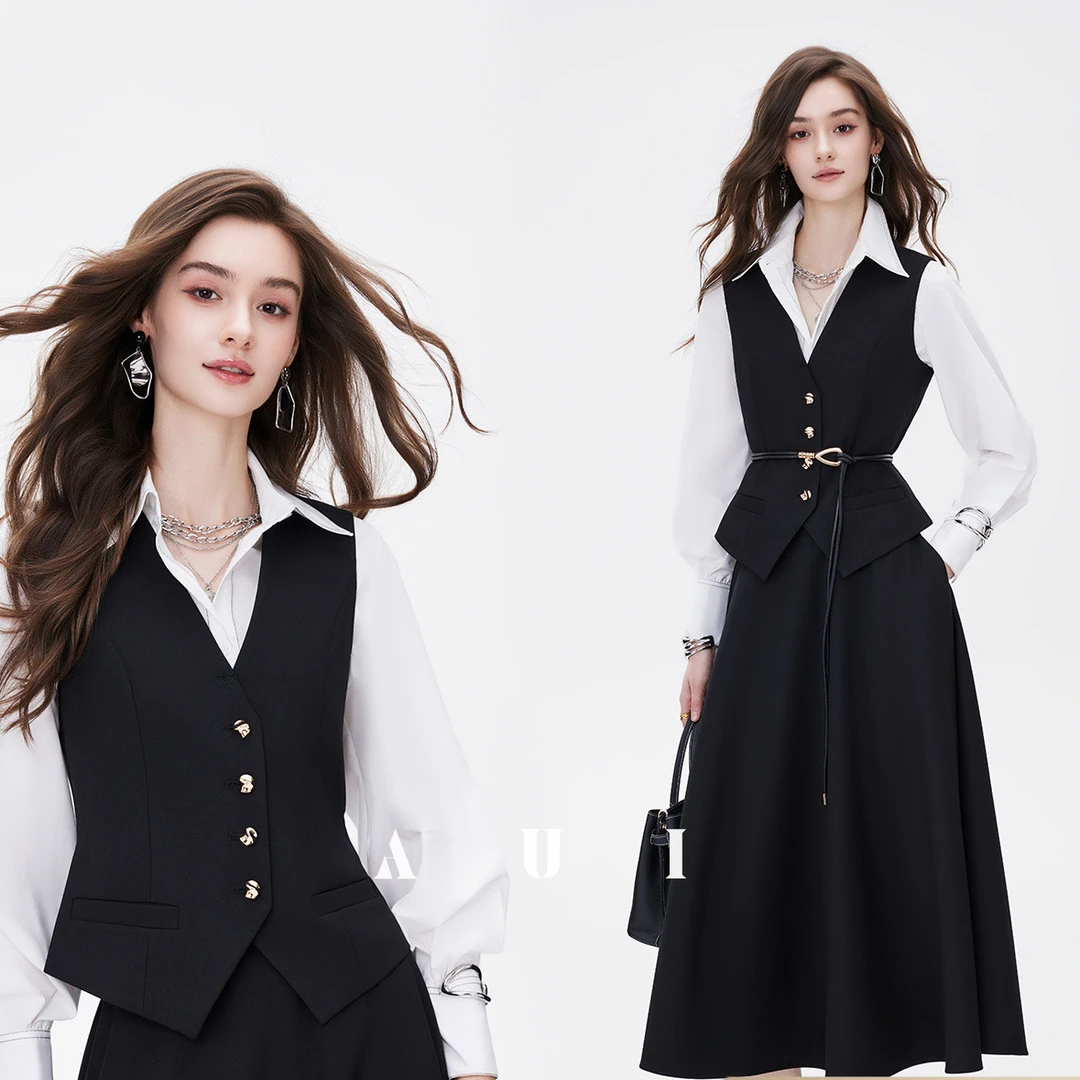 AUI黑色无袖马甲背心女秋装2025新款高级感半身裙两件套25W100292