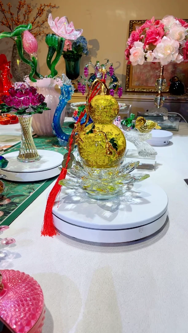 琉璃手工艺品黄色莲花葫芦摆件