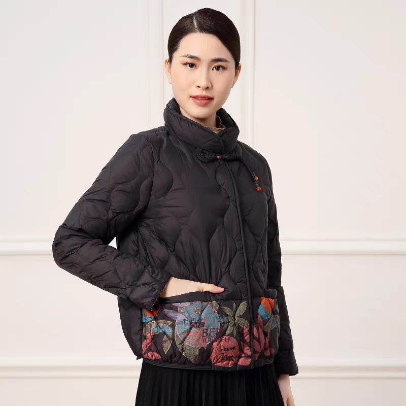 A1398女士短款印花羽绒棉服中老年冬季宽松立领百搭薄款白鸭外套