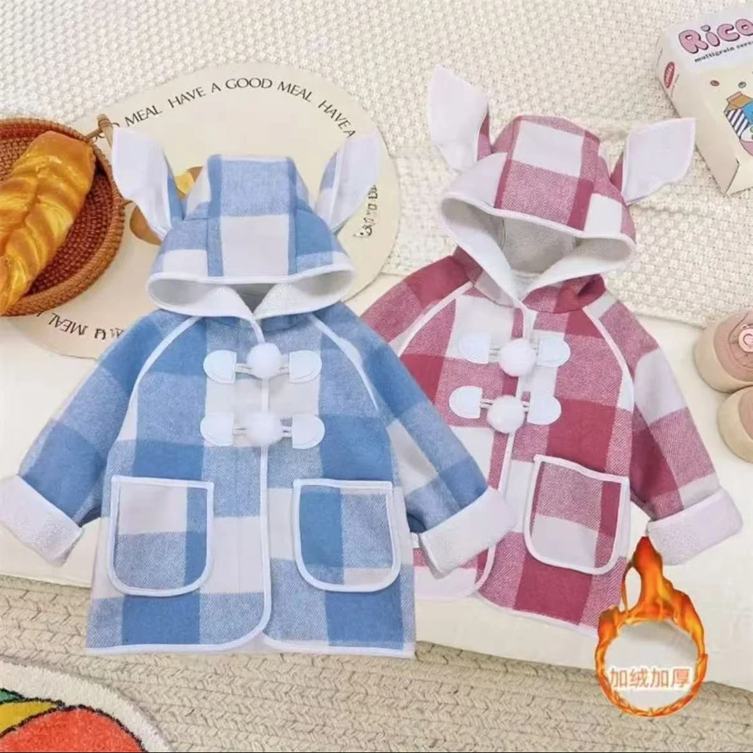 x36冬季卡通女单排扣拉链B类呢大衣童装秋冬格子加绒洋气