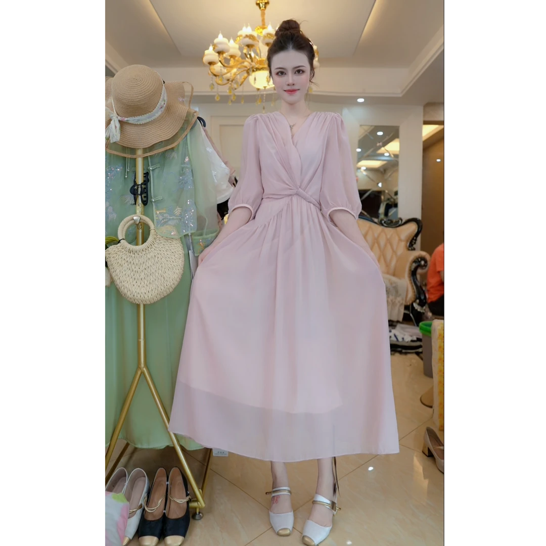 夏季I新款气质时尚V领七分袖显瘦长裙子D5115