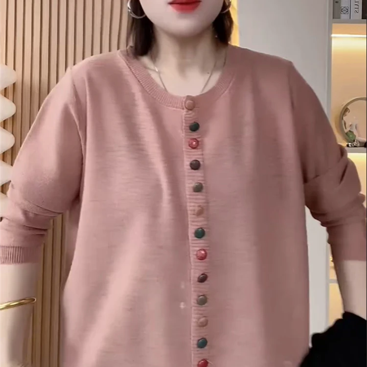 时尚彩色纽扣圆领长袖薄款针织开衫女夏季宽松显瘦防晒百搭上衣潮