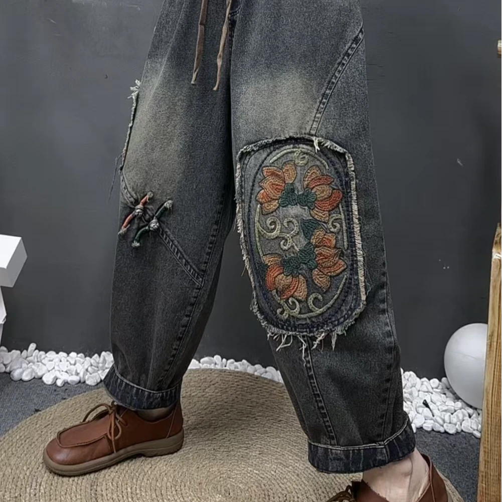 FWS-2025秋季新款复古牛仔老爹裤刺绣文艺百搭水洗做旧个性宽松