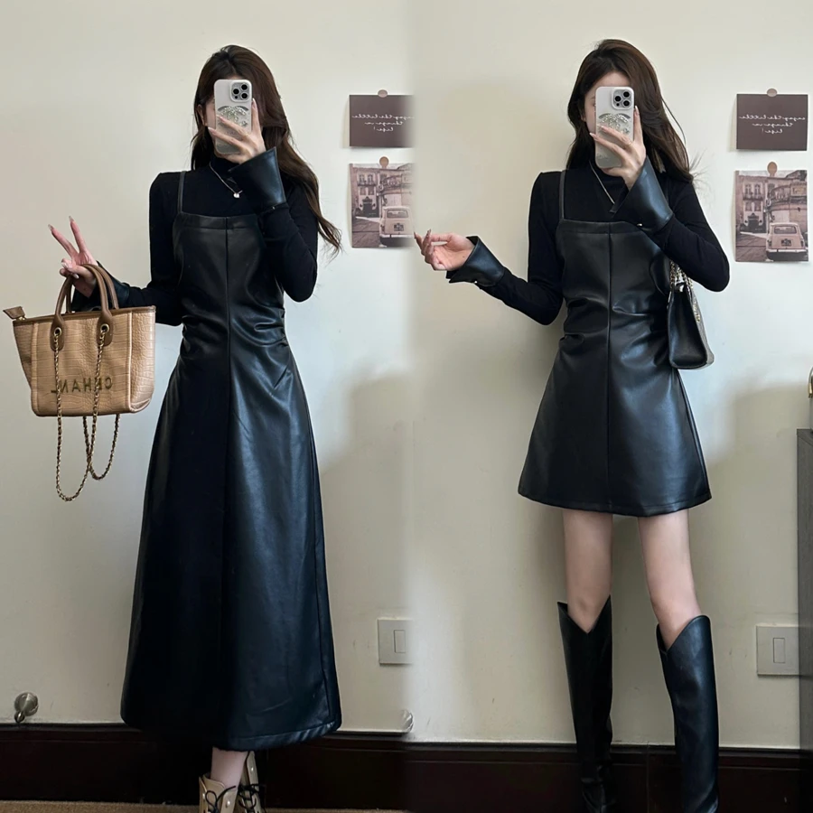 大码女装假两件辣妹气质拼皮收腰显瘦连衣裙胖MM时尚连衣裙