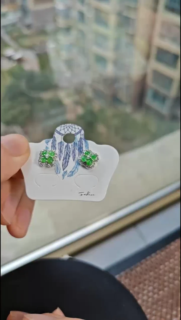 【闪购商品】翡翠耳饰银S925镶嵌翡翠耳饰S925银镶嵌