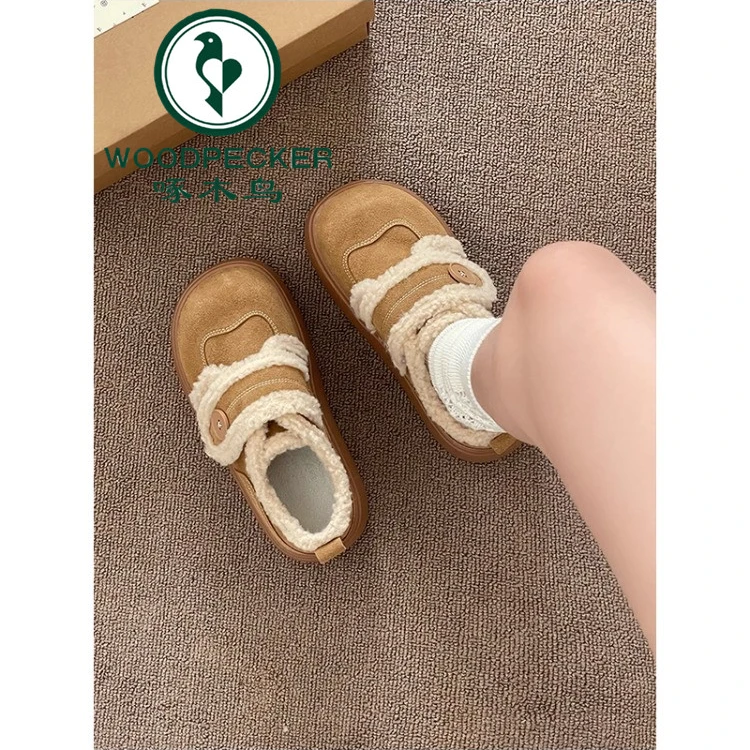 啄木鸟加绒加厚保暖厚底增高棉鞋女2025冬季复古百搭魔术贴勃肯鞋