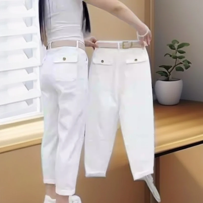 白色牛仔裤女夏季薄款新款大码胖mm遮肉显瘦梨形身材修身窄版九分