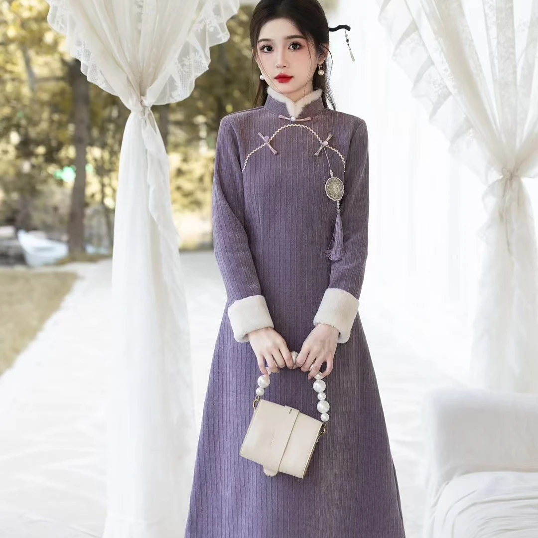 拾忆旗袍{紫黛}淑女气质网红中式加绒冬季中国风