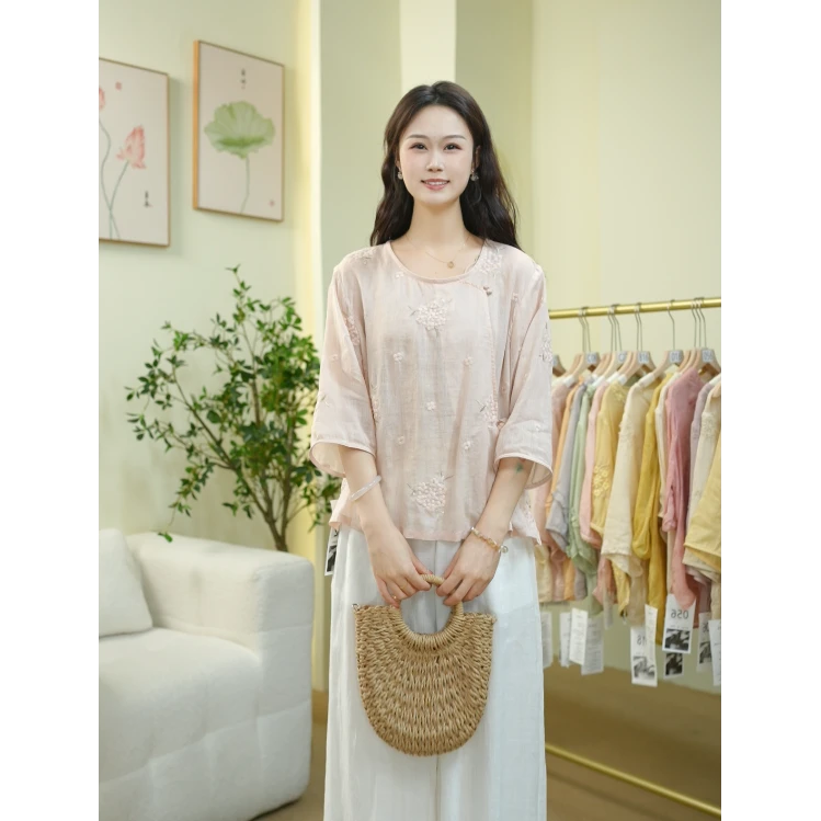 小南瓜手工衬衫圆领套头重工刺绣苎麻上衣2025春夏新款百搭显瘦女
