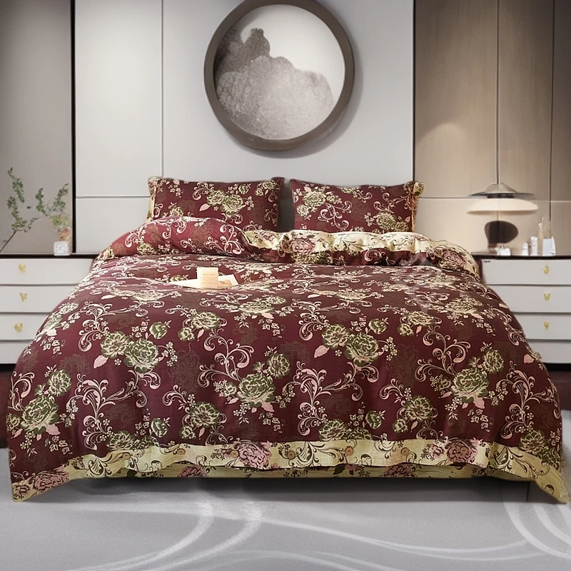 【陌上花开-安可拉红】全棉色织提花A类双层纱四件套加厚高端四季款