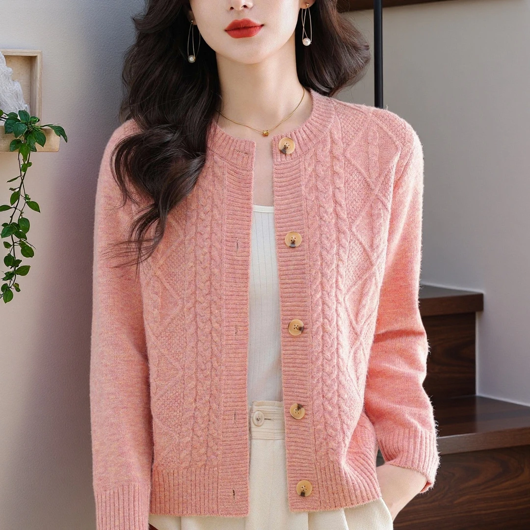 纯100羊绒衫针织开衫女款圆领爆款新款女士中年妈妈洋气毛衣外套