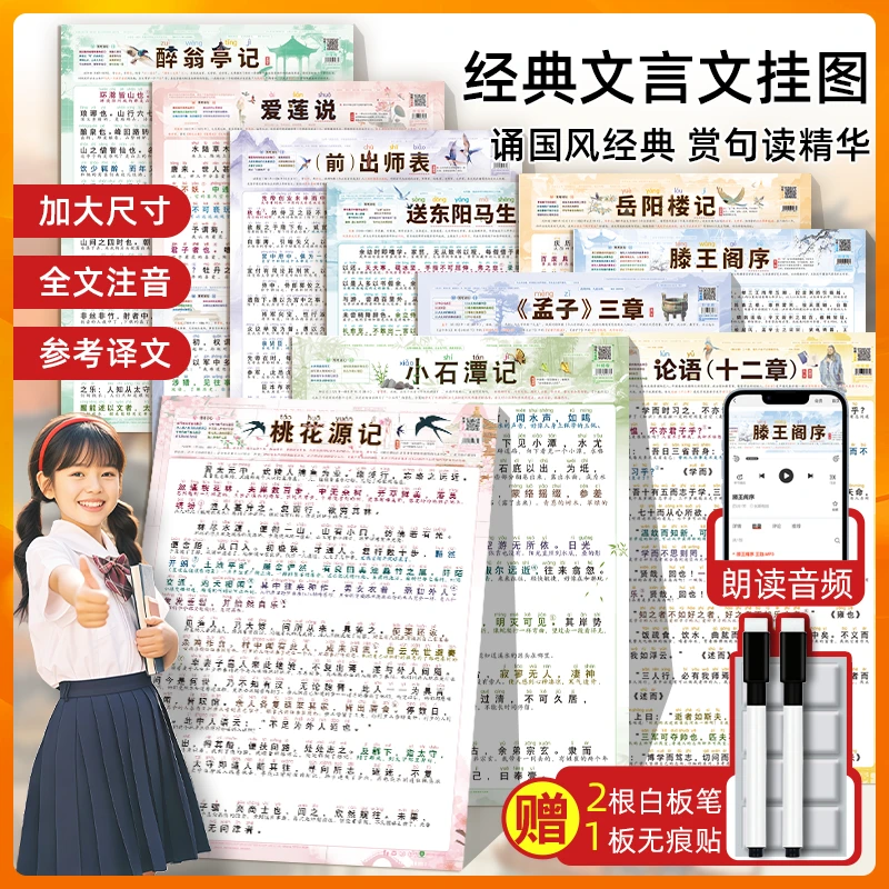 【文言文背诵神器】小学生初中生文言文大字注音 译文岳阳楼记挂图