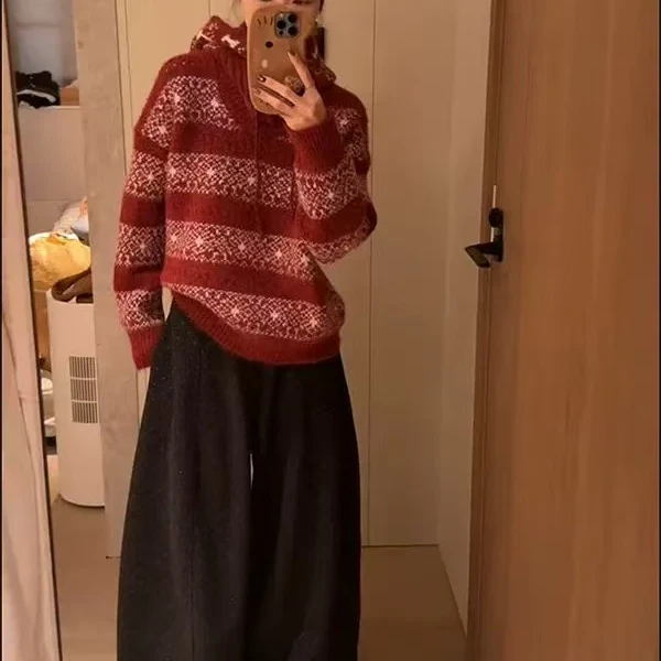 红色带帽针织上衣9190
