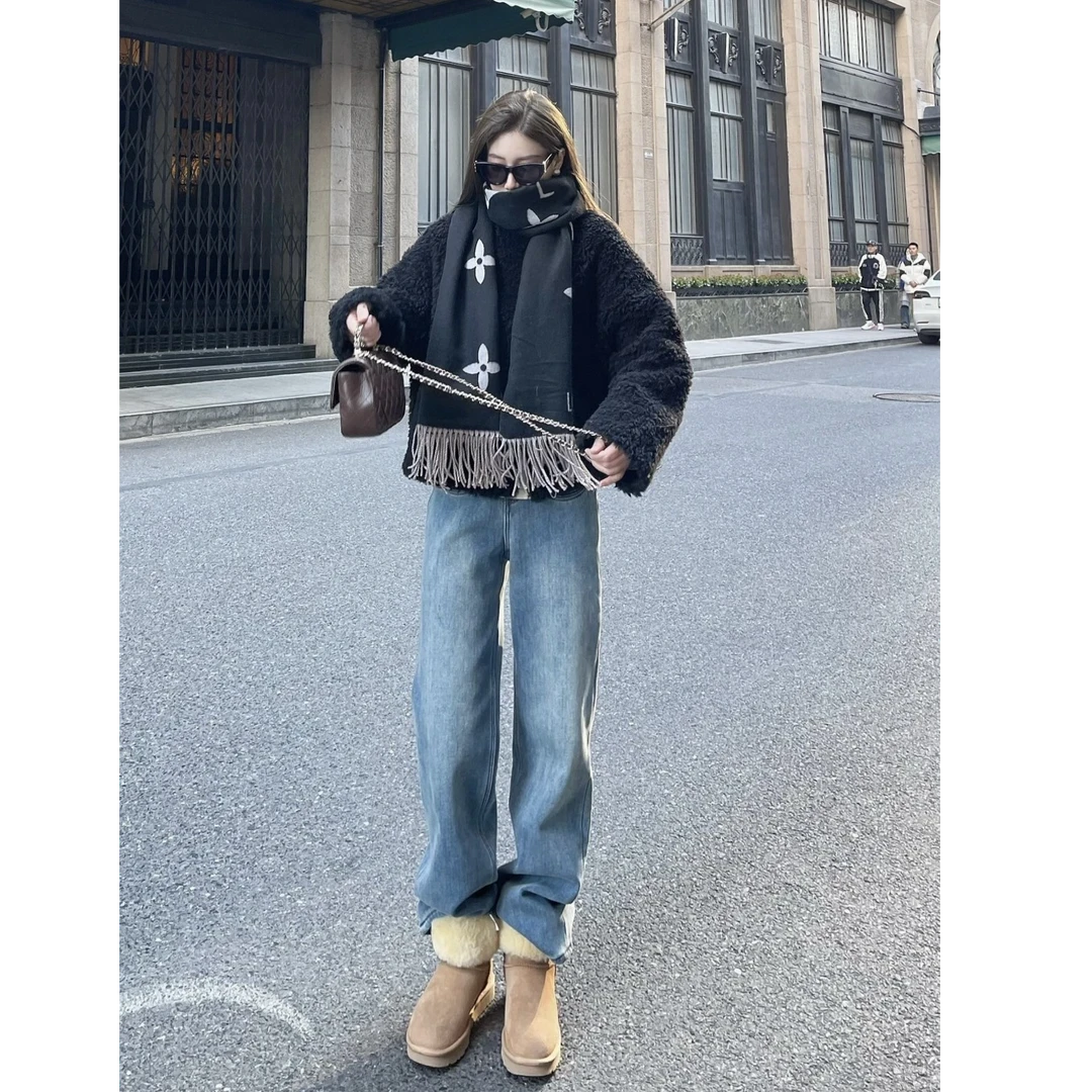 2025秋冬季新款小个子窄版阔腿显瘦长裤子高腰直筒裤宽松牛仔裤女